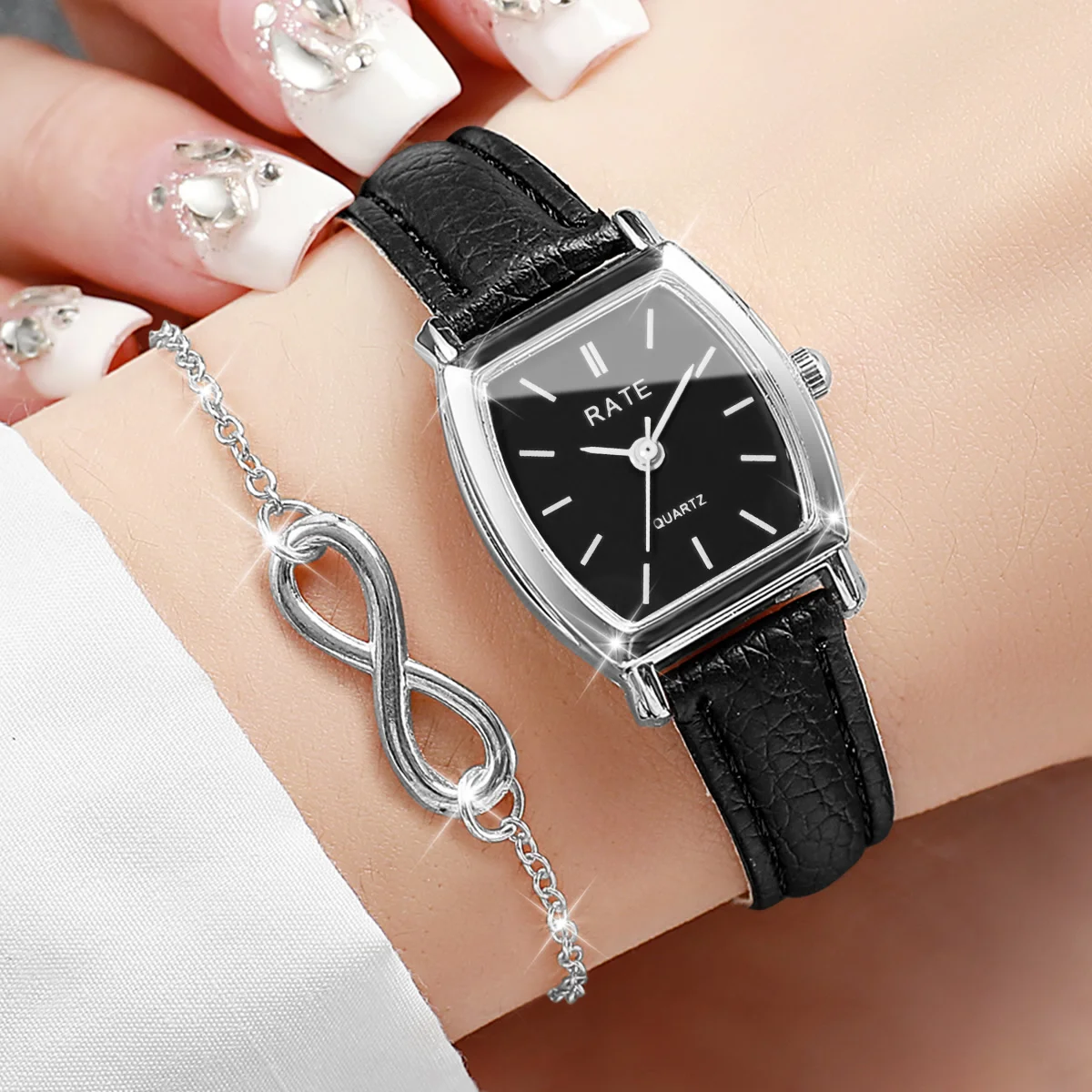 2PCS Fashion Women Quartz Watch Bracelet Set Retro Leather Strap Ladies Wristwatch Jewelry Gift Relogio Feminino（Without Box）