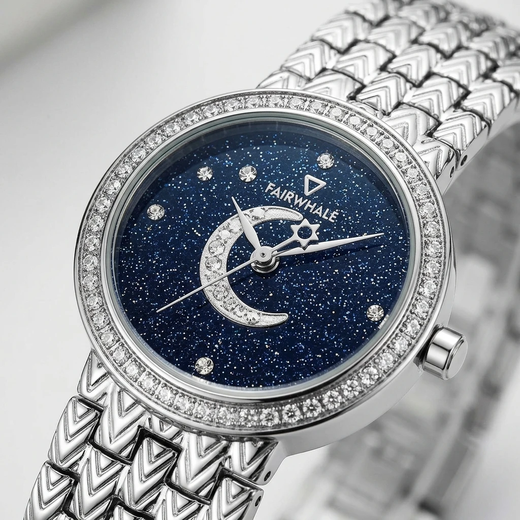 Mark Fairwhale Ladies Quartz Watch Round Starry Sand Dial Moon Phase Rhinestone Bezel Metal Link Bracelet Female Wristwatch