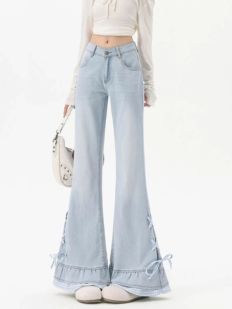 

Y2K Light Blue Bow Tie Slightly Flared Denim Pants Low Waist Slimming Horseshoe Pants for Women Summer