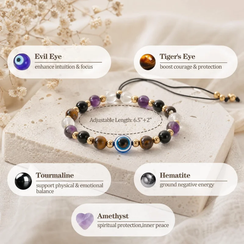 Lucky Evil Eye Natural Crystal Bracelet Amethyst Clear Quartz Black Tourmaline Evil & Tiger Eye Good Luck Spiritual Protection Jewelry Gifts for Women Men