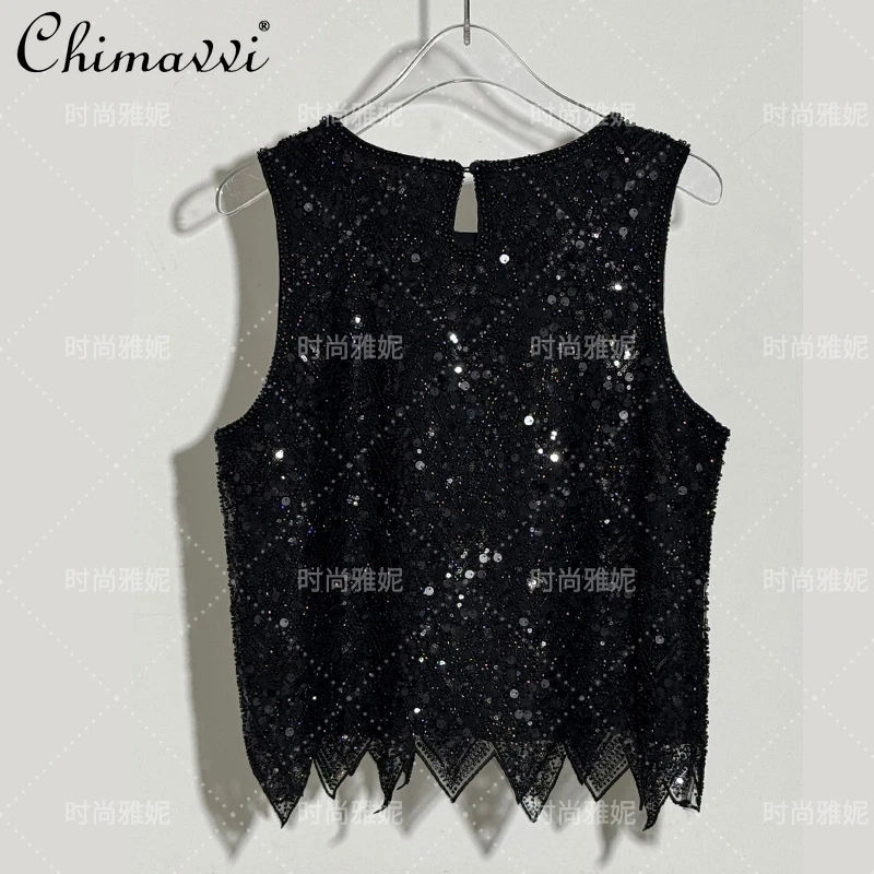 ファッションパール光沢のあるスリムスキニーベスト女性の 2025 夏服新重工業多用途スパンコールビーズサスペンダータンクトップ