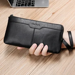 Mens Long Wallet Clutches Cell Phone Credit Card Holder Purse Soft Real Leather Zipper Large Capacity Wallets with Wrist Strap