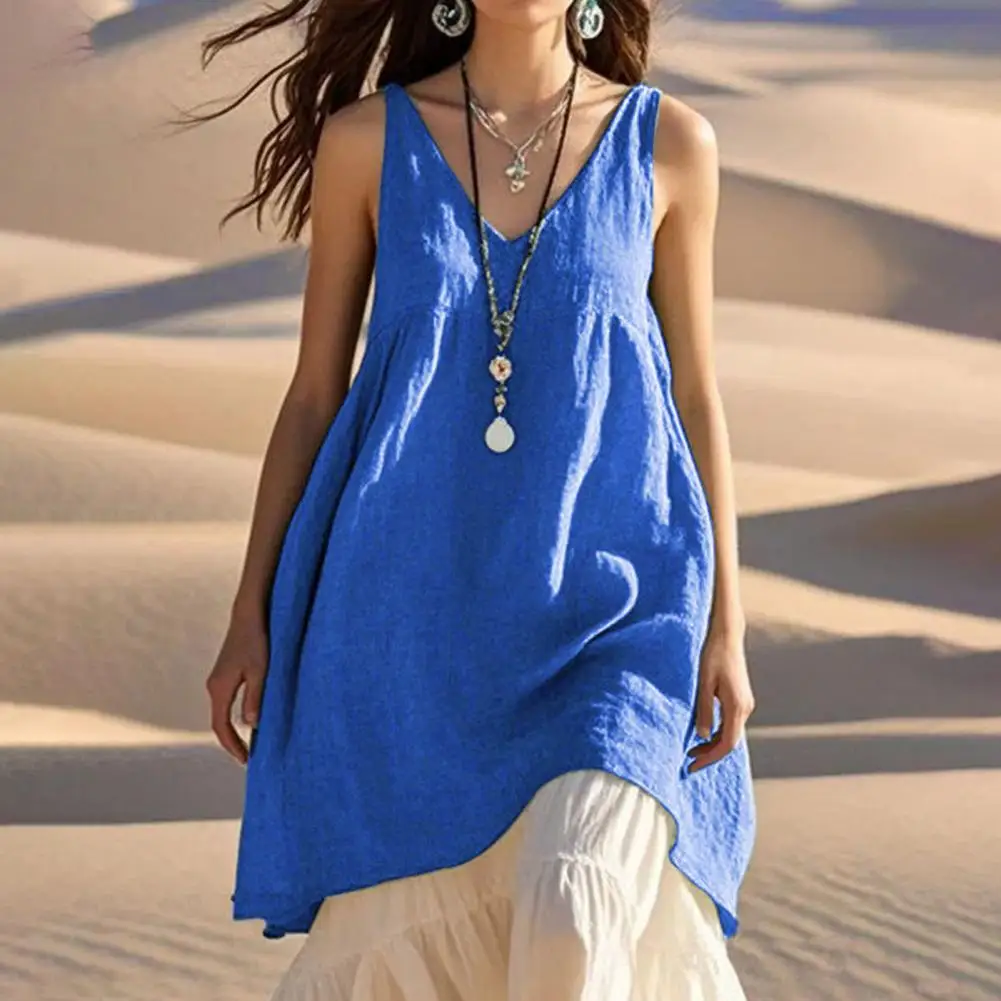 

Summer Beach Dress Women Summer Cotton Linen Mini Dress Casual Sleeveless Spaghetti Strap Short Sundress Loose V Neck Tank Top