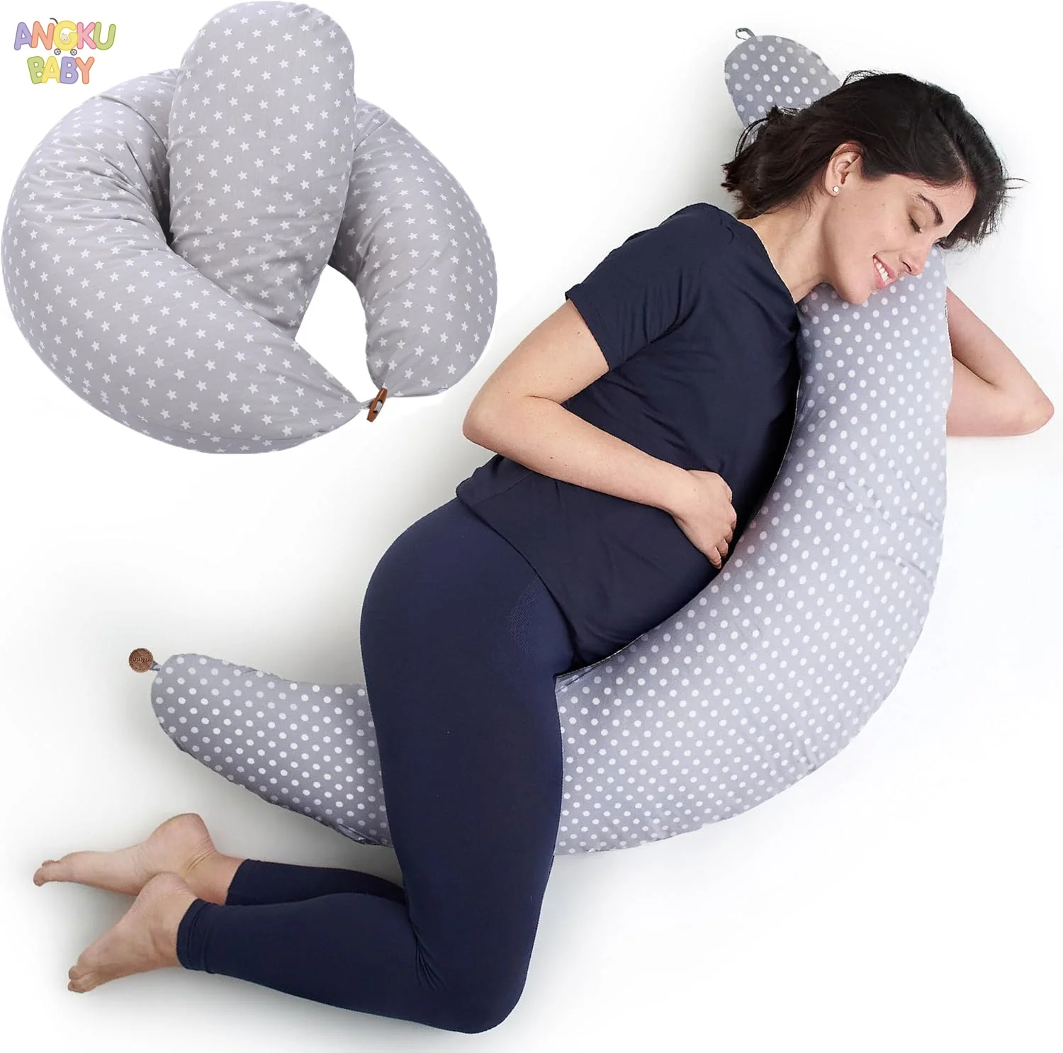 Almohada de embarazo de 71 pulgadas y almohada de alimentación de bebé con funda extraíble, almohada de lactancia 100% de algodón, almohada de maternidad lavable a máquina