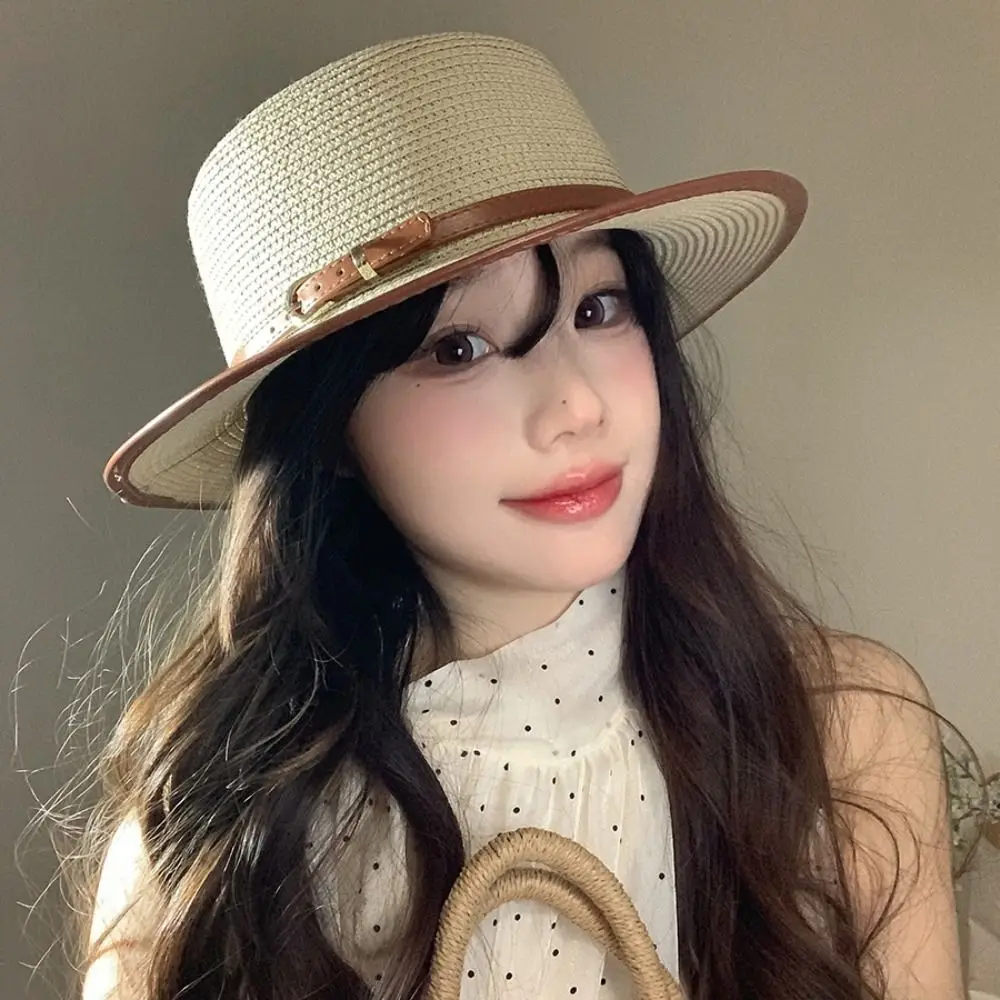 

Fashion Korean Style Straw Woven Hat Flat Brim Wide Brim Women's Sun Hat Sunscreen Concave Top Panama Hat Hiking
