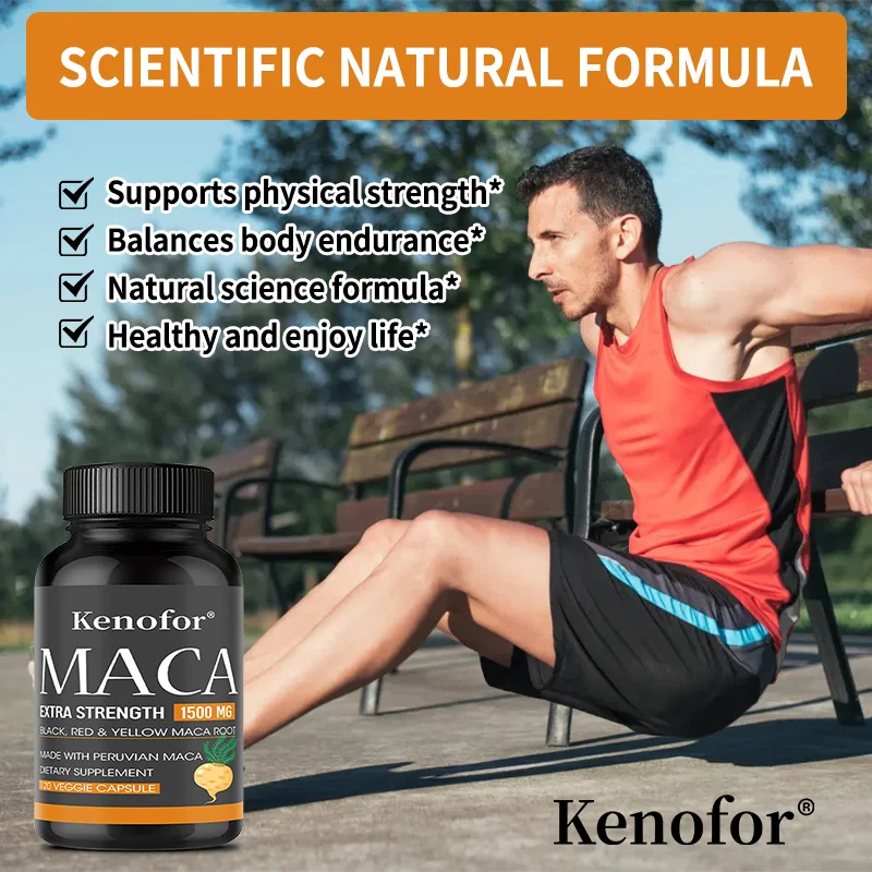 كبسولات الماكا العضوية، تحتوي على مستخلصات جذر الماكا باللون الأسود والأحمر والأصفر لتعزيز الطاقة والقدرة على التحمل وكتلة العضلات