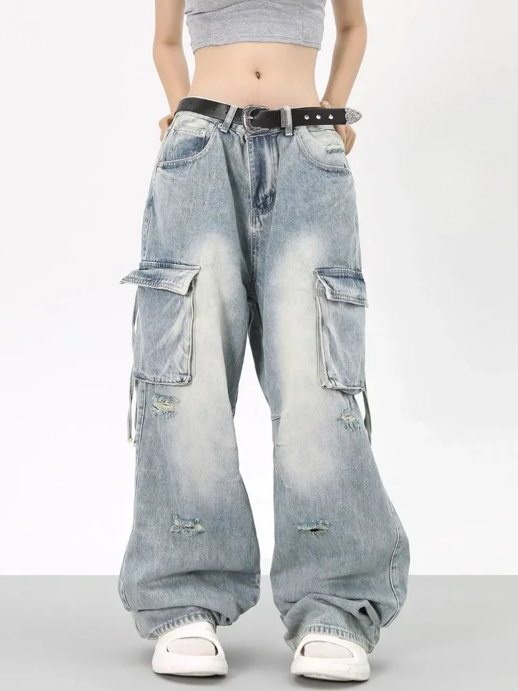 

Deeptown Y2k Vintage Baggy Jeans Women Grunge Washed Multiple Pockets Denim Cargo Pants Low Rise Sweatwear Wide Leg Trousers