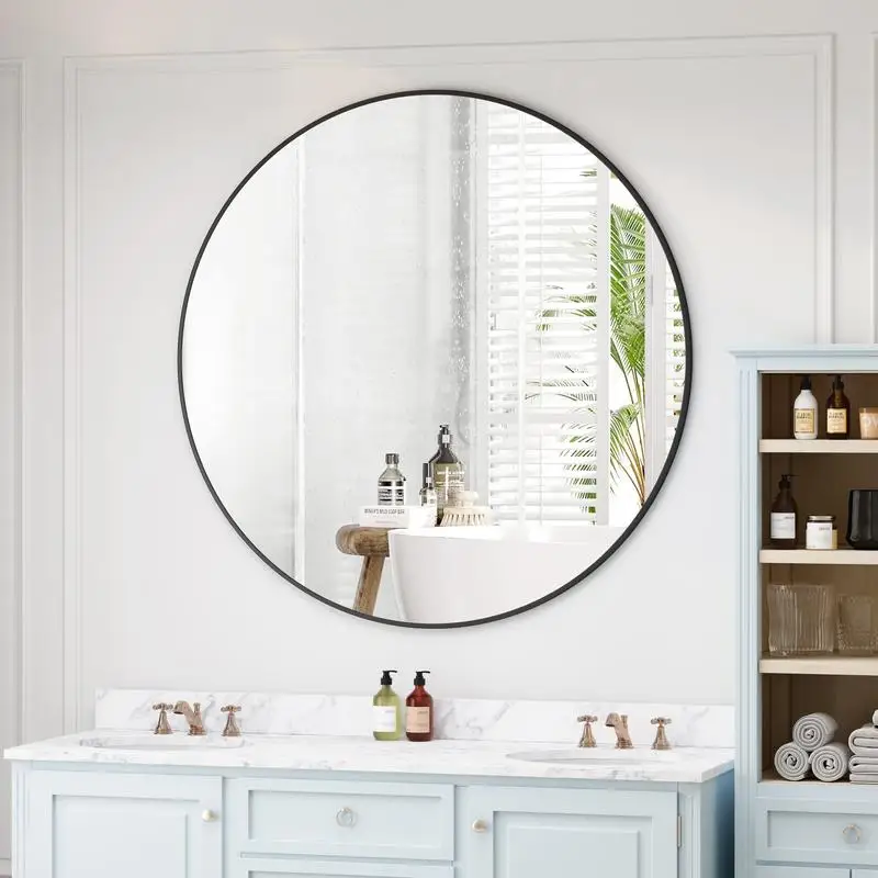 

42-Inch Black Circular Metal Framed Mirror Round Vanity & Dressing Mirror for Bathroom, Living Room & Bedroom Wall Decor