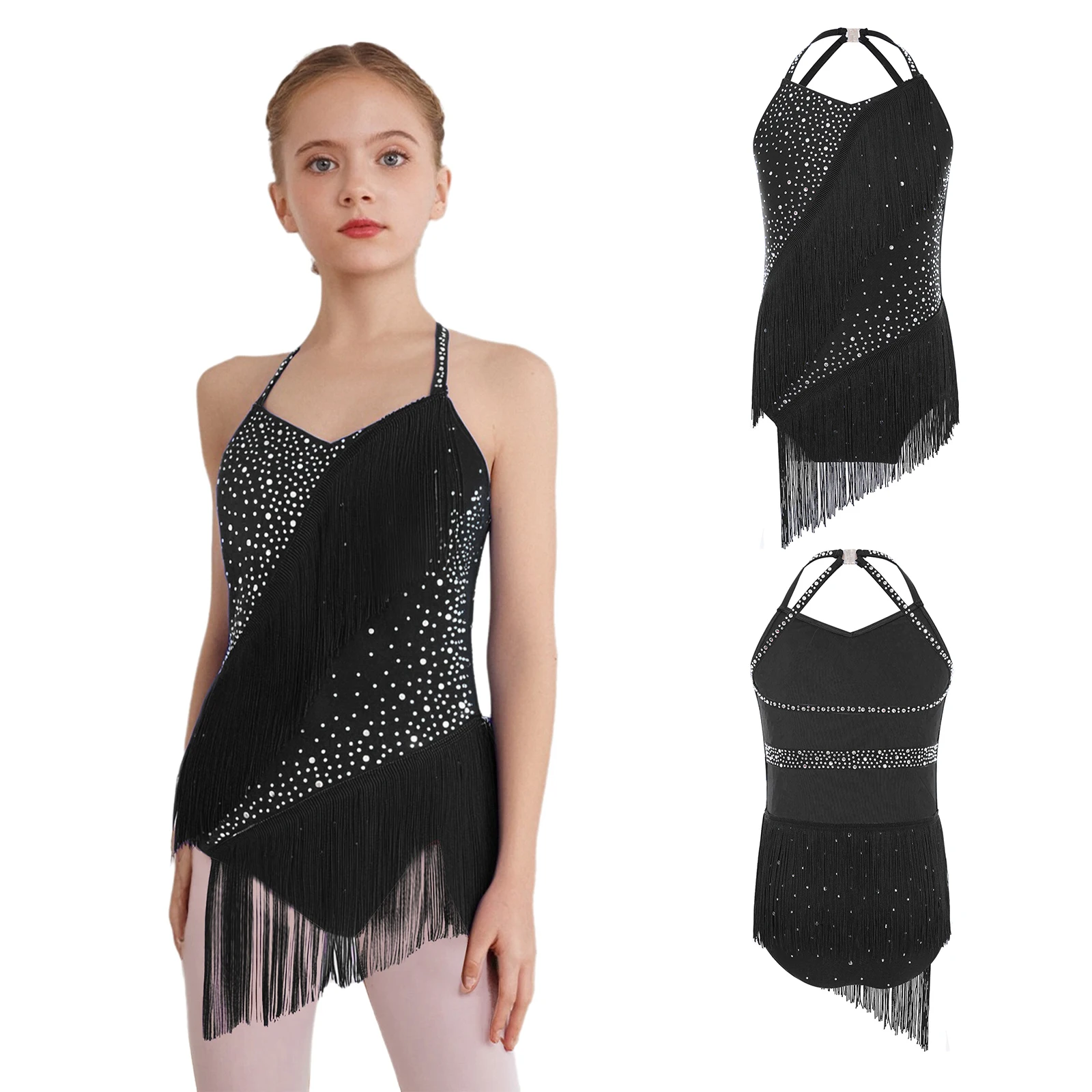 Kids Girls Latin Dance Leotard Sleeveless Halter V-Neck Backless Rhinestones Tassels Bodysuit for Figure Ice Skating Performance