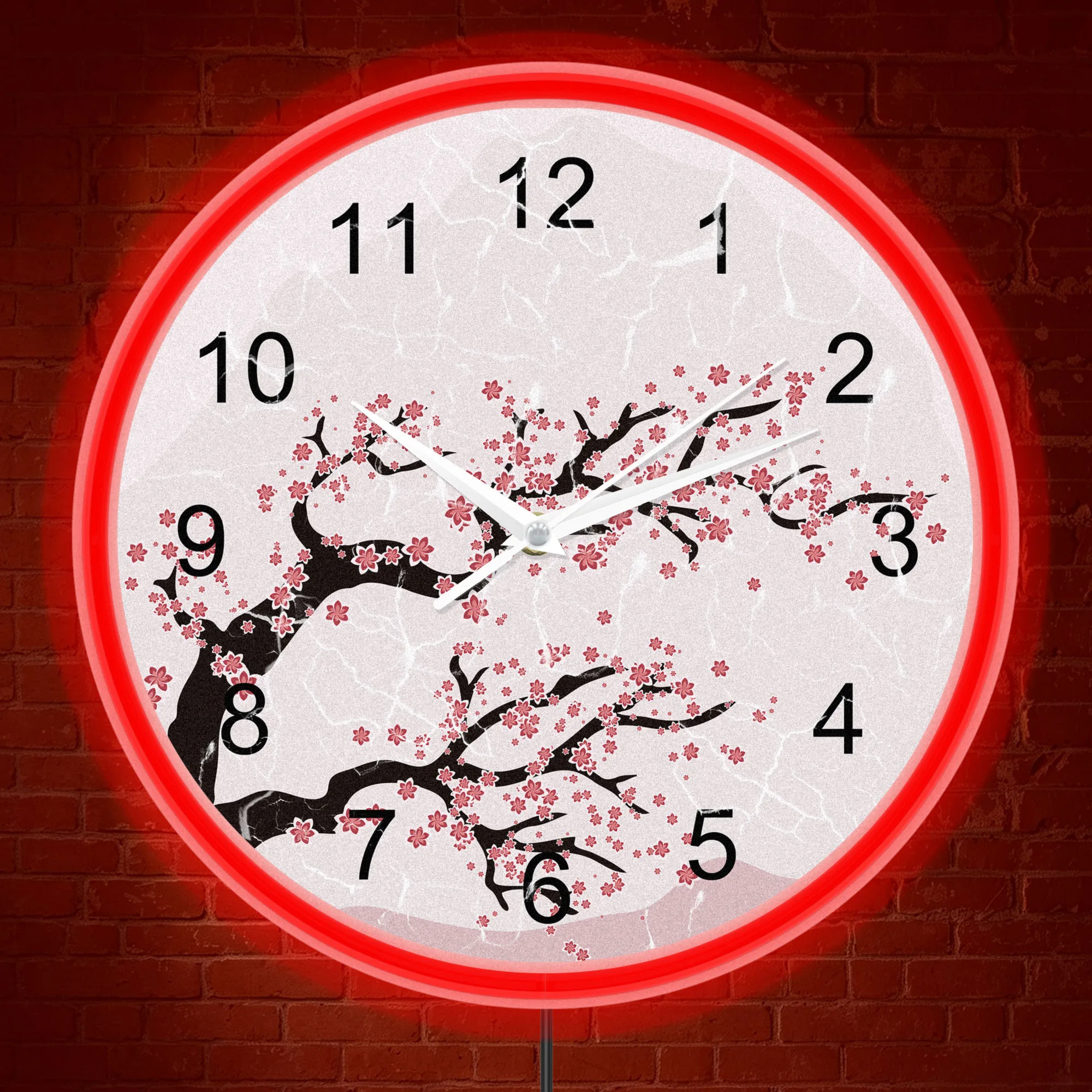 Pink Cherry Blossom Branch Neon Wall Clock for Bedroom Living Room Oriental Sakura Tree LED Light Up Wall Clock Glow in the Dark