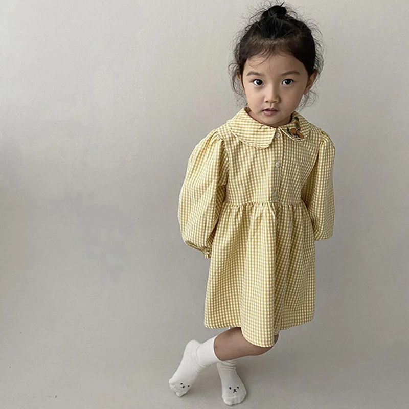 2023 Children Dresses Spring Summer Girls Clothing Cute Kids Baby Girl Plaid Cotton Linen Lapel Collar Dress Long Sleeve Dress