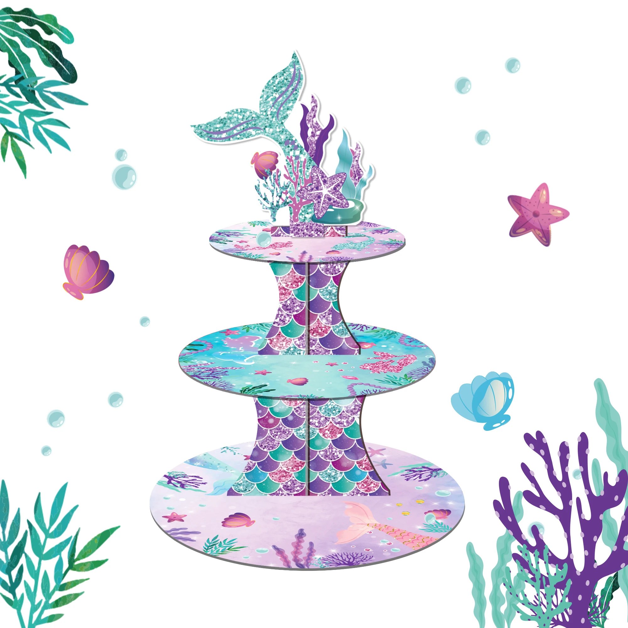 3Tier Cartoon Mermaid Tail Party Cake Display Stand Under The Sea Birthday Cupcake Rack Holder Baby Shower Party Cake Tray Decor