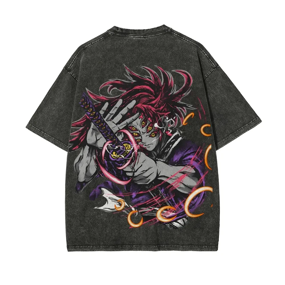 Demon Slayer Washed T-Shirt Unisex Oversized Casual Streetwear High Quality Cotton Anime Graphic Tee Kimetsu No Yaiba Cosplay