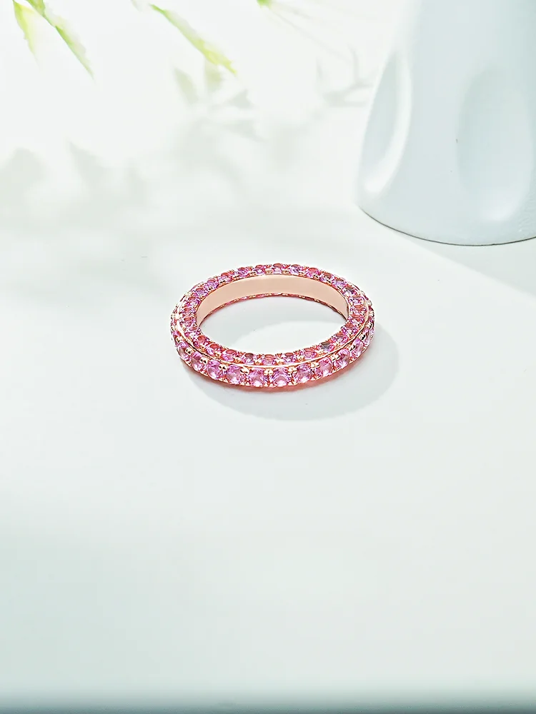 Full Diamond Precision Micro Inlaid Ring with Ins Wind Sweet Pink Diamond 925 Pure Silver Diamond Row Ring Light Luxury Style