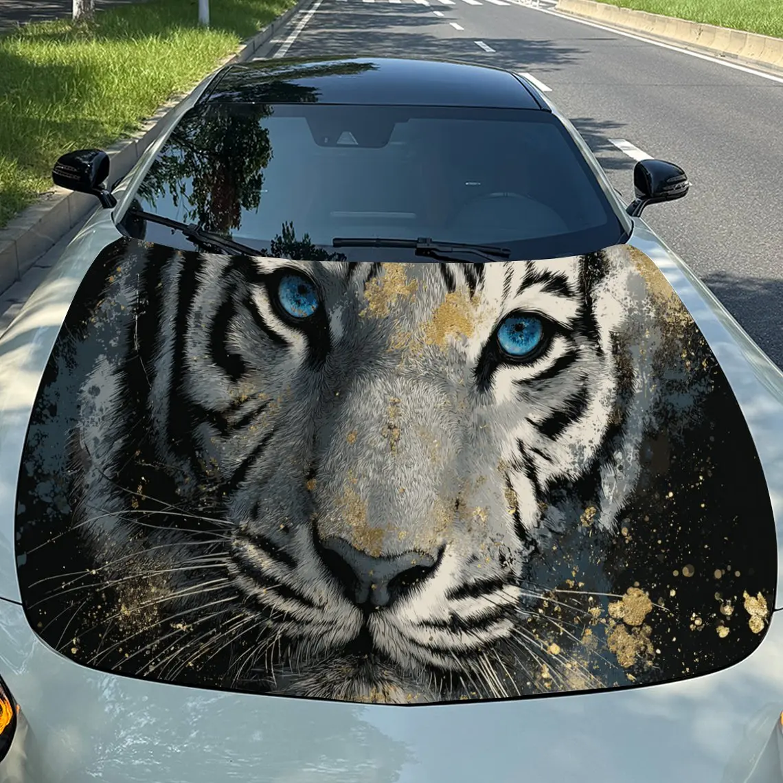 Car Decal Tiger with Blue Eyes in Artistic Background with Gold Speckled Elements & Fierce-Colorful Visual Details Car Hood Stic