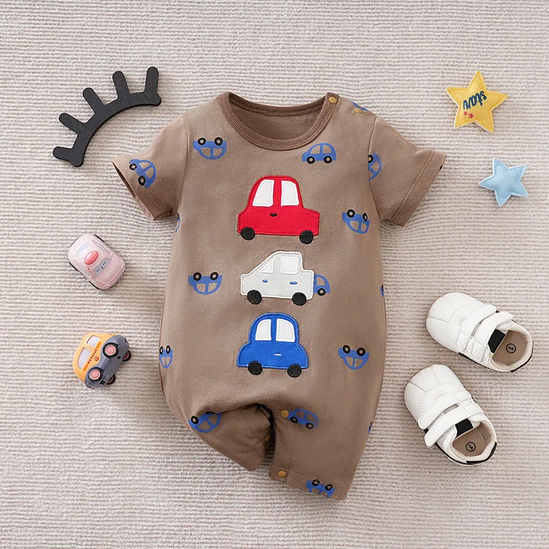 

Summer style newborn baby boy girl cute cartoon car full print comfortable short sleeved jumpsuit