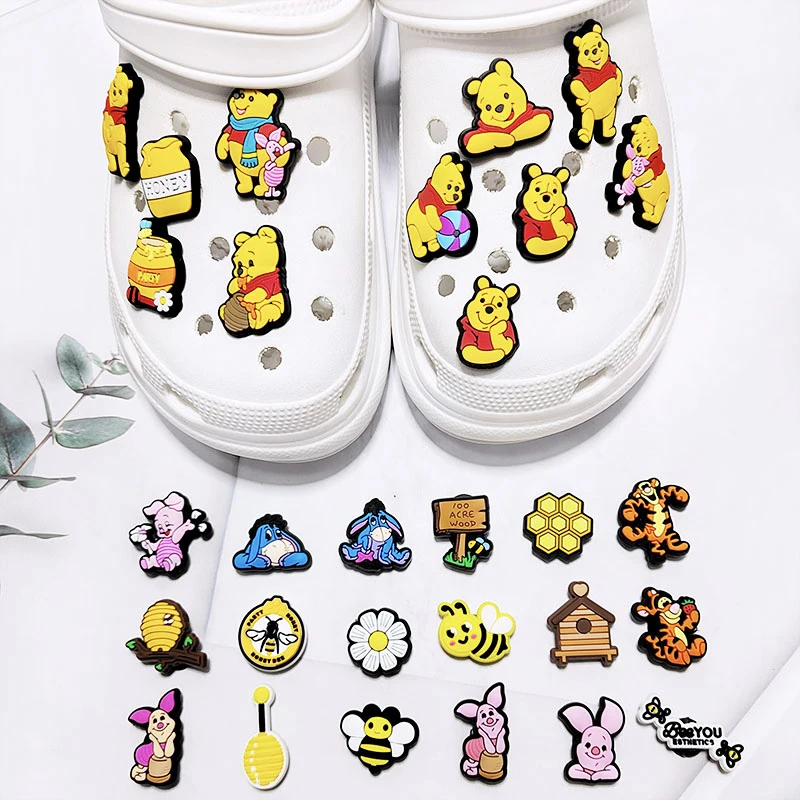 1-28PCS Miniso Disney Pooh Winnie Bear Piglet Tigger PVC Shoe Charms Sandals Garden Shoes Accessories Hole Slipper Decorations 