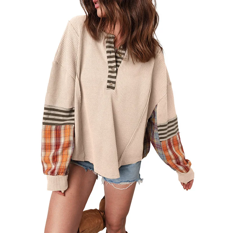 2025 Autumn Winter Fashion Patchwork Plaid Loose Casual Sweatshirts Women Full Sleeve Buttons Versatile Hipster Street Pullovers