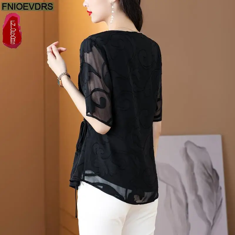 M-4XL 2023 Women European Style Elegant Office Lady Work Basic Shirt Belly Black Tunic Peplum Bow Tie Lace-Up Top Blouses