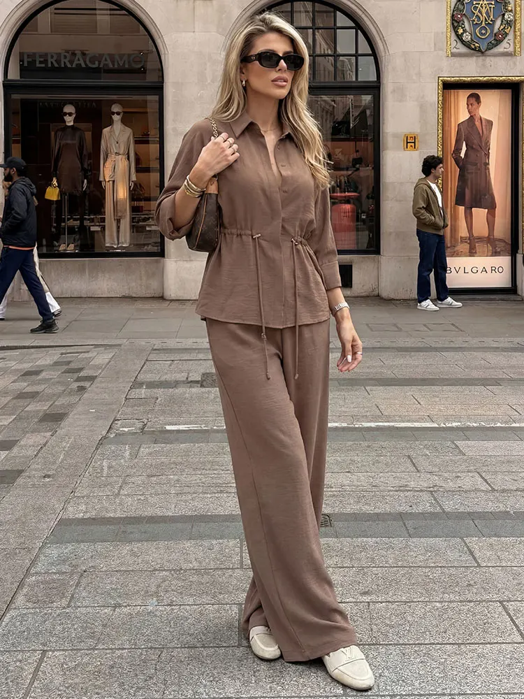HH Women Fashion Pant Suit Lace Up Blouse Kimono Shirt Top Elastic Waist Wide Leg Pant Spring High Street Chic Sets image 3