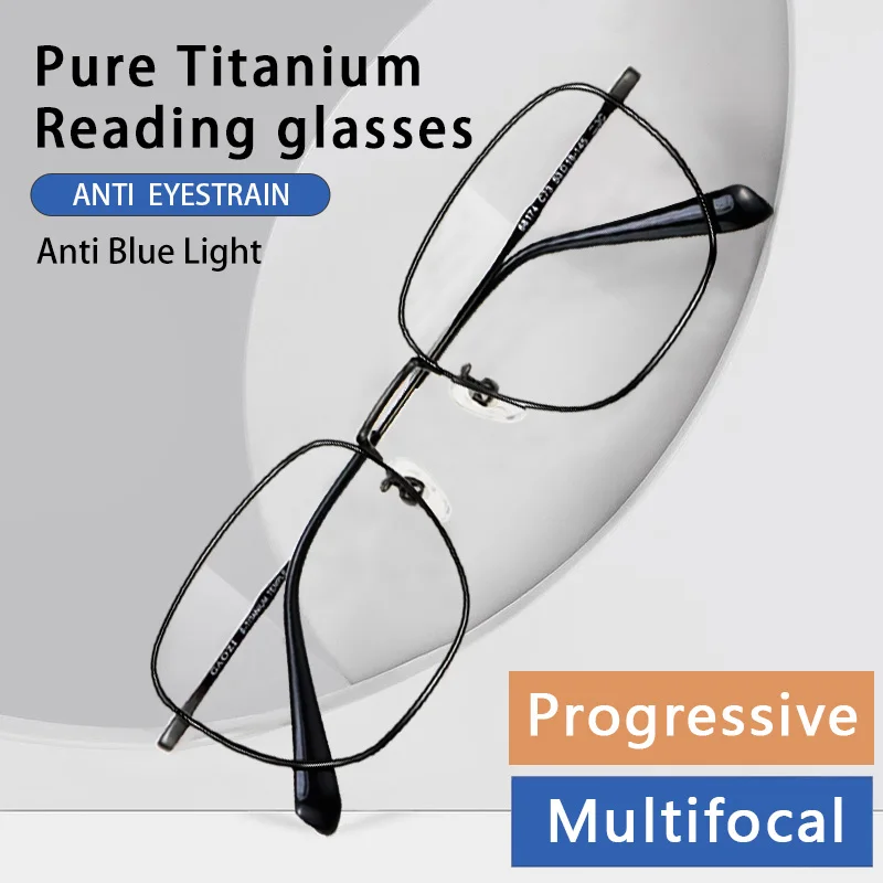 

Men's Progressive Multifocus Reading Glasses,Anti-blue Light Pure Titanium Presbyopia Eyeglasses with Readers Rectangle Glasses