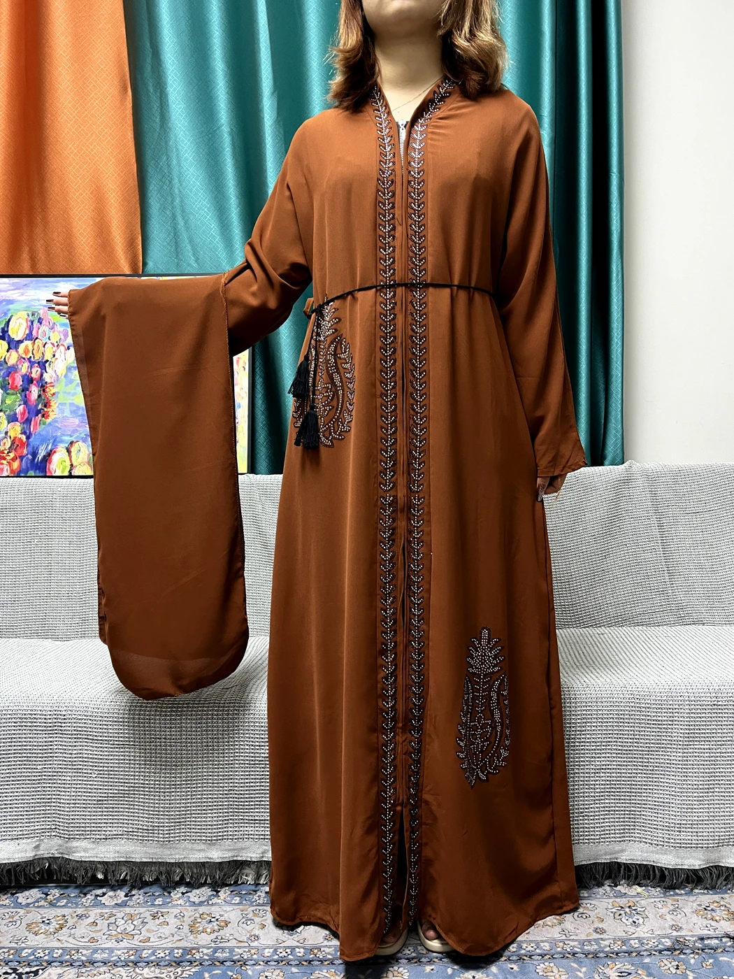 Abayas Ouvertes Musulmanes pour Femmes, Robe Africaine en Mousseline de Soie, Diamants, Robes de Soirée Islamiques avec Turban, Mode 2024