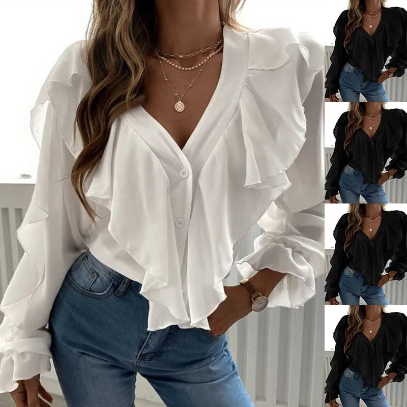 

2025 Autumn New Fashion V-neck Women Ruffle Top Versatile Solid Color Female Long Sleeve Shirt