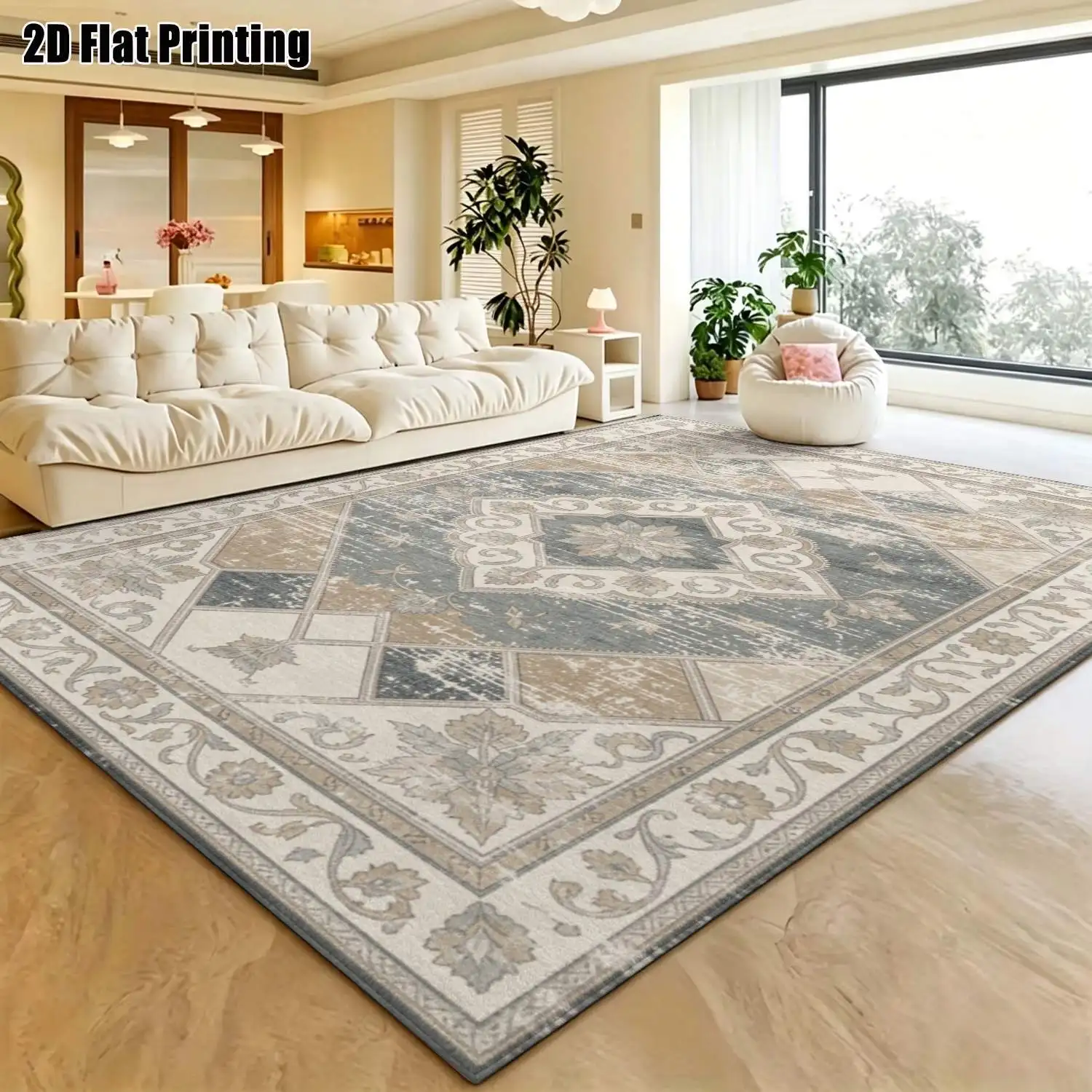 1Pc 2D Printed Carpet: Blue-Grey Retro Geometric Pattern, European Style, Machine-Washable, Multi-Size, for Home Decoration & Multi-Scene Use