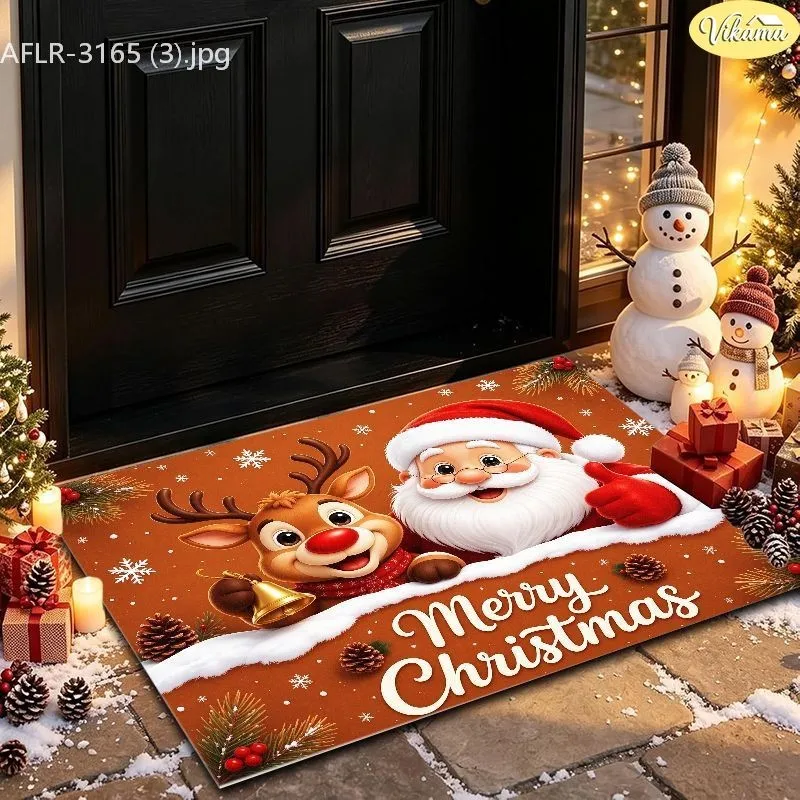VIKAMA Christmas Doormat, Santa & Reindeer Peeking, Rustic Orange Snow, Bell Pinecones, Soft Durable, Entryway