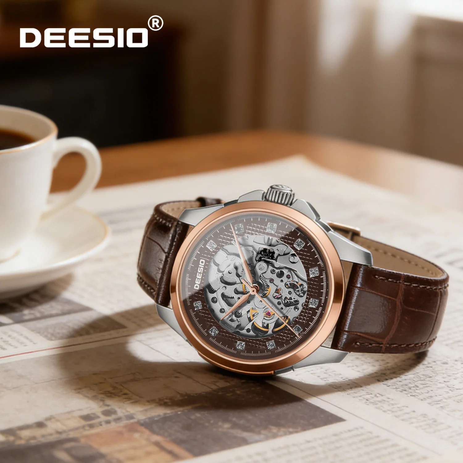 

Deesio мужские автоматические механические часы кожаный ремешок для часов светящийся из нержавеющей стали 30 м водонепроницаемый тип дисплея циркон