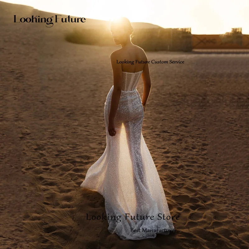 Beach Strapless Mermaid Shiny Wedding Dress 2026 Sequined Sleeveless Sexy High Side Slit Bridal Dress Backless Gown Customized