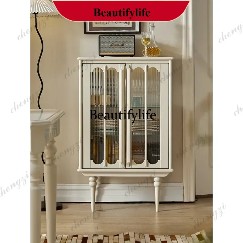 French cream solid wood side cabinet double door dining side cabinet retro living room storage high side cabinet d178