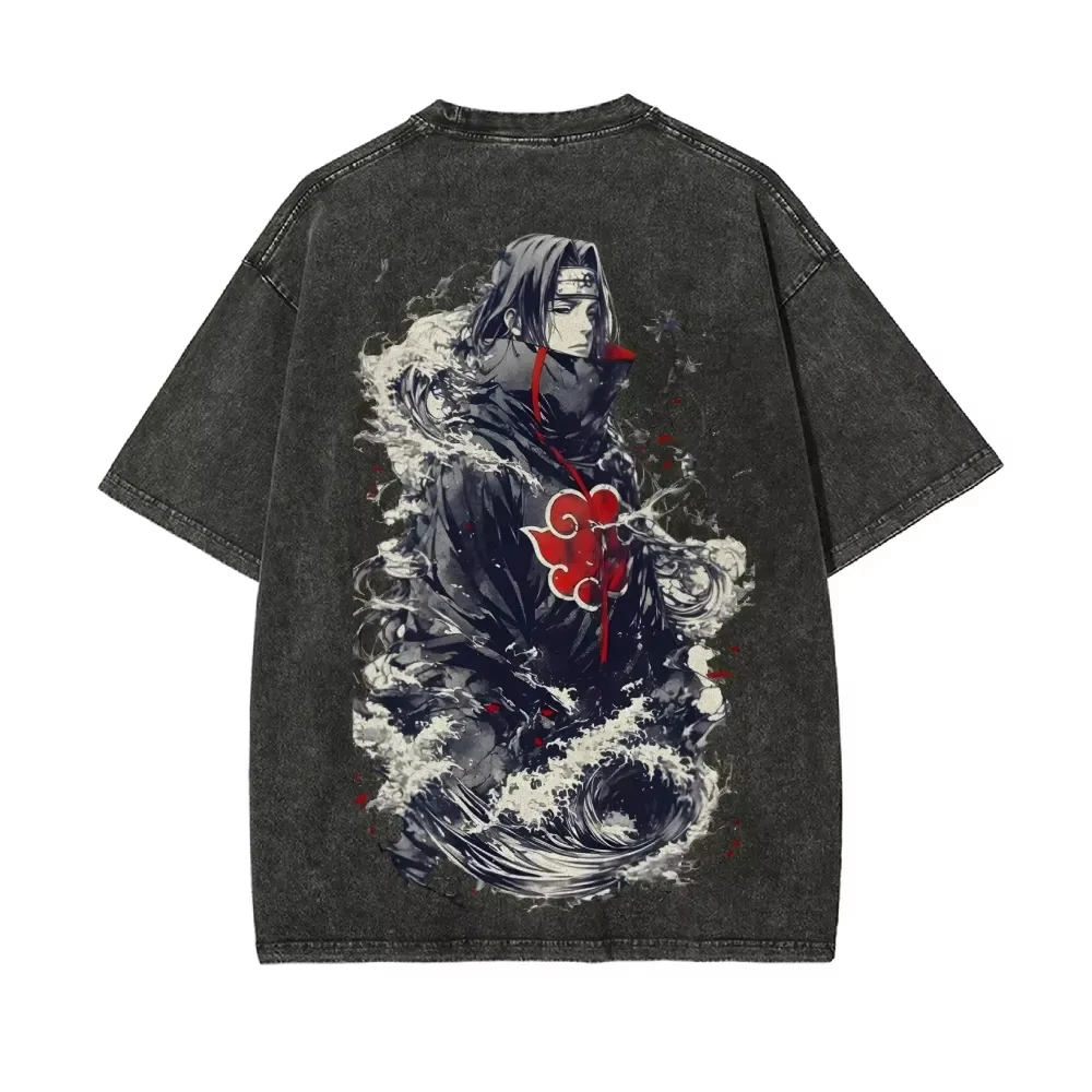 NEW Naruto Itachi Uchiha T Shirt Akatsuki Great Wave Vintage Acid Wash Streetwear Retro Anime Graphic Men Tees Clothing view 3