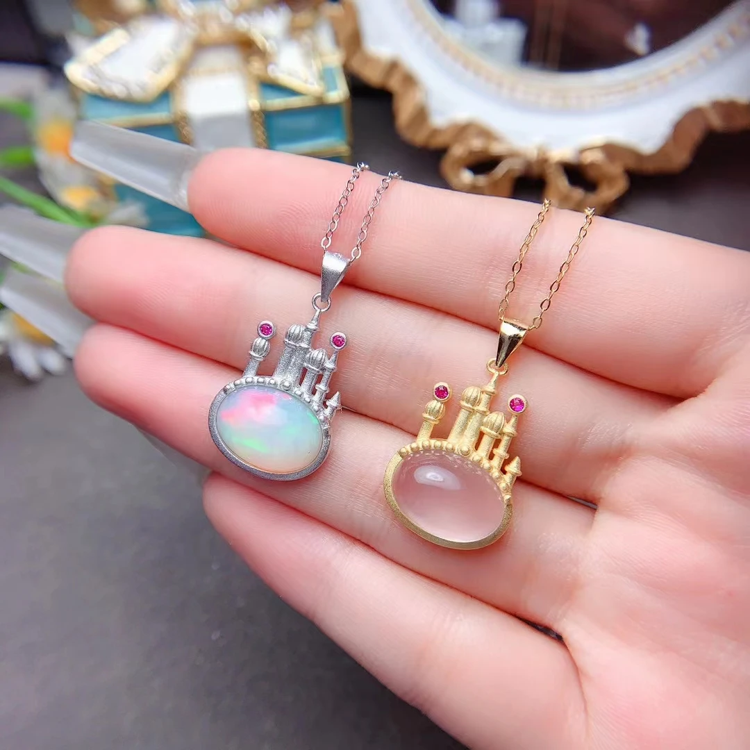 925 Silver Dream Castle Pendant for Girl 10mm*14mm Natural Opal and Rose Quartz Necklace Pendant with 3 Layers 18K Gold Plating