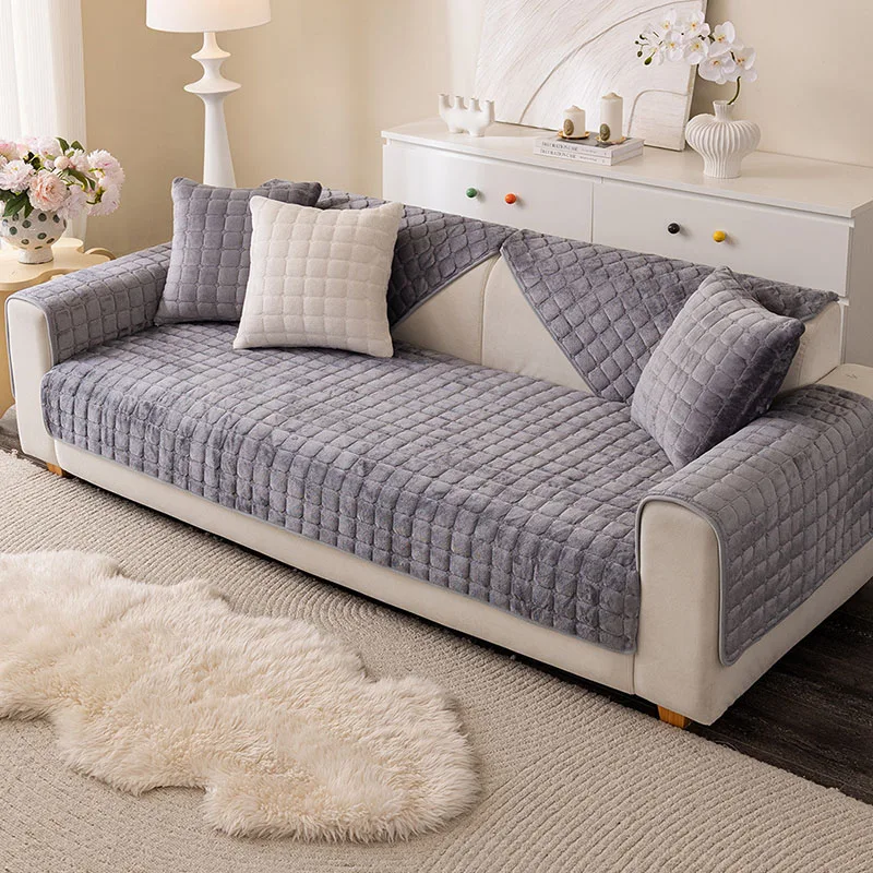 Autumn and Winter Flannel Soft Sofa Cushion Solid Color Grid Quilted Couch Slipcover for Office Anti Slip Cozy Sofa Blanket