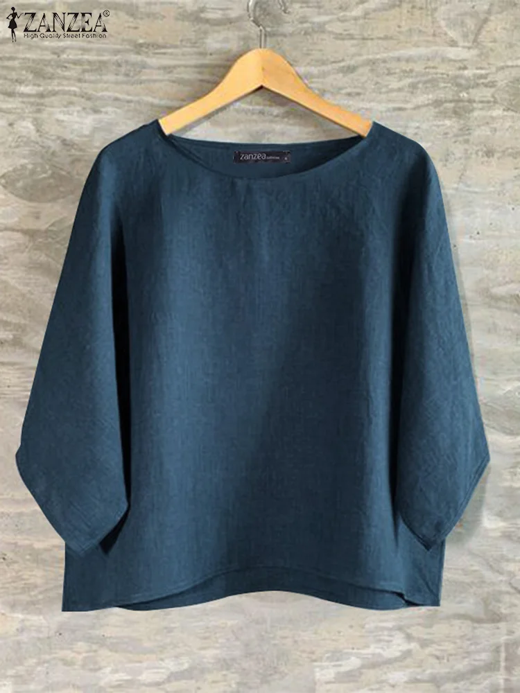بلوزة نسائية غير رسمية من ZANZEA بأكمام 3/4 بلون سادة ورقبة قارب 2025 بلوزات صيفية فضفاضة للعطلات قطع علوية كلاسيكية