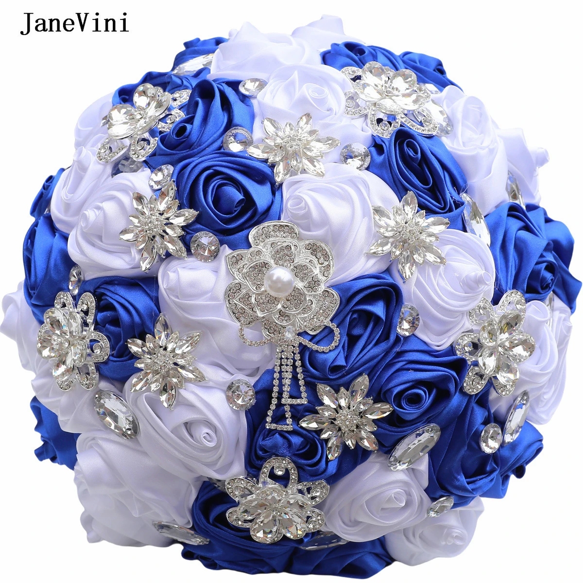 JaneVini New Silver Diamond Royal Blue Bridal Bouquets Artificial Satin Roses Fake Bouquet Flowers Wedding Accessories for Bride