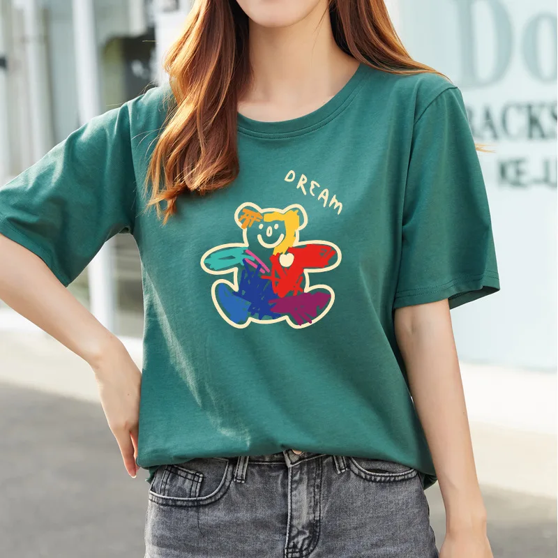 YB50   100% Cotton T-shirt Women Summer Short Sleeve Female Tshirt Solid Color O-neck Ladies