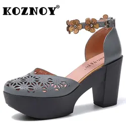 Koznoy 9.5cm etniczne sandały z prawdziwej skóry platforma klinowe letnie damskie aplikacje kwiatowe damskie mokasyny z klamrą modne buty