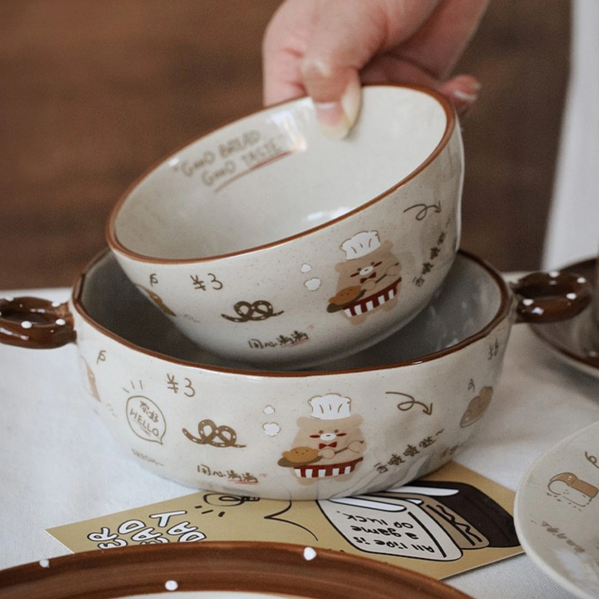 Cute Cartoon Style Pretty High Temperature Firing Ceramics Bowl And Plate Creative Handle Kitchen Tableware Dessert Breakfast