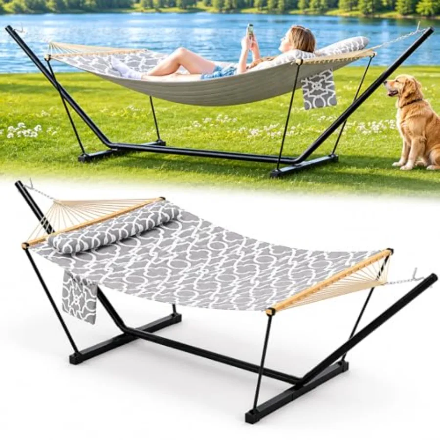 Heavy Duty Double Hammock with Stand for Outdoor Use, Steel Frame, Black, 450 LBS Capacity and Portable Design