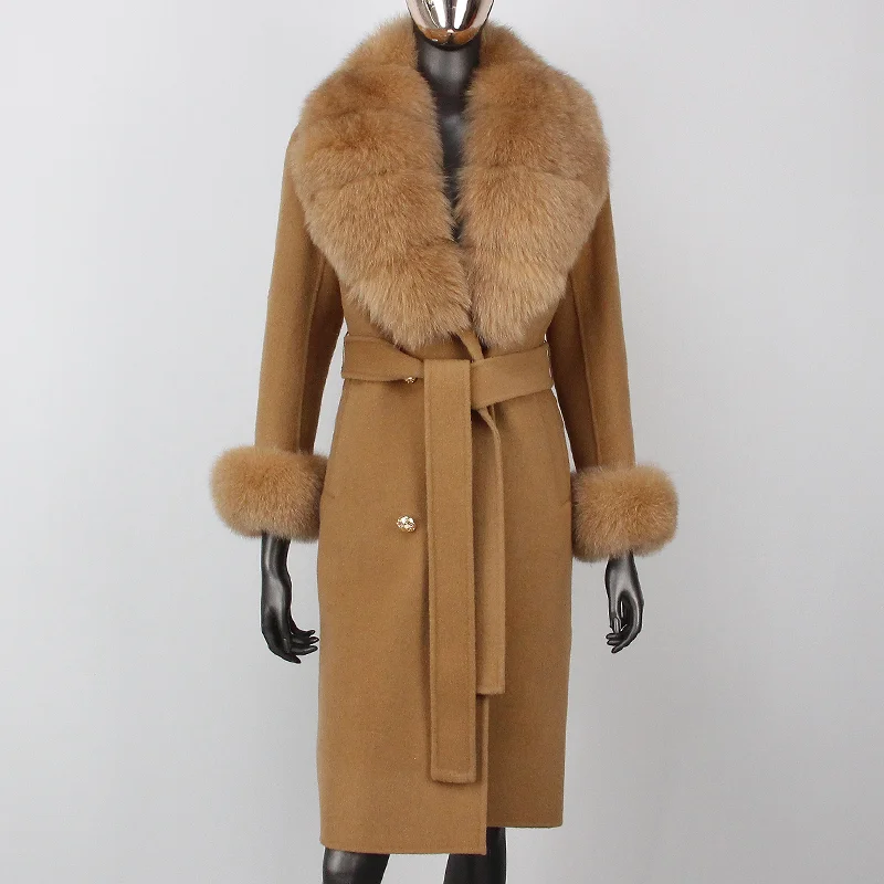 

2023 Winter Jacket Women Real Fur Coat Natural Fox Fur Collar Cuffs Belt Cashmere Blends Wool Outerwear Streetwear