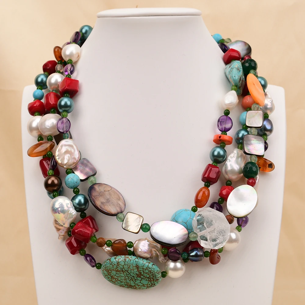

Ожерелье APDGG C10 ручной работы из натуральных камней: кварца, яшмы, коралла, бирюзы, нефрита, агата, ракушек и жемчуга, с многослойными рядами