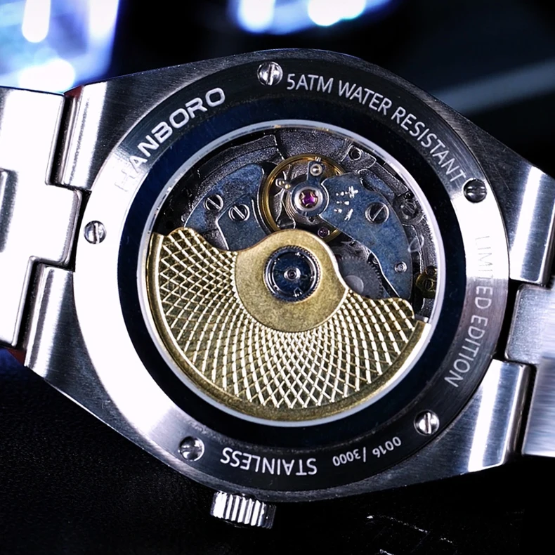 HANBORO New Men Automatic Watch Luxury Mechanical Wristwatch Multifunctional Moon Phase Steel Strap Business Casual Man watches