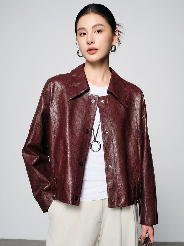 

Casual Short Genuine Leather Jackets for Women Spring Autumn 2026 New High-end Simple Soft Oil Wax Real Goatskin Leather Coat