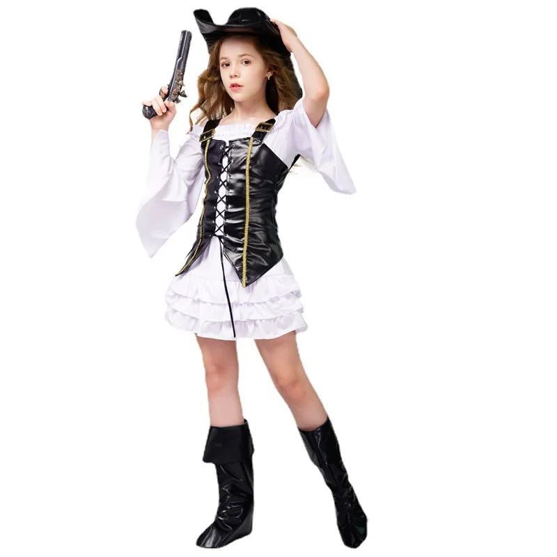 Girls Pirate Party Costume Cosplay Children\'s Little Girl Pirate Role Playing Costume Performance Costume 3pcs Halloween Props