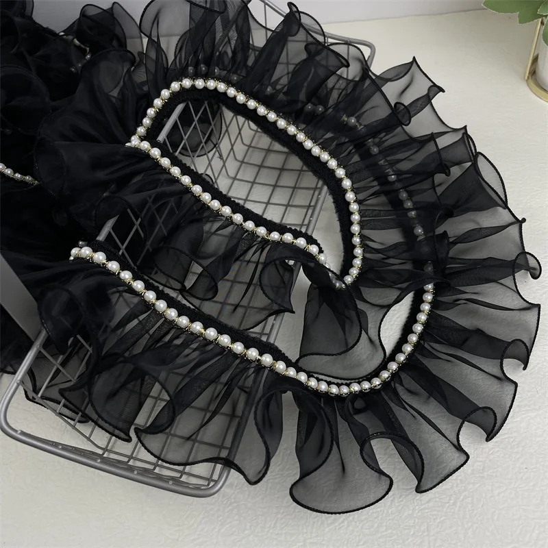 8CM Wide Organza Black Beaded Pleated Tulle Lace Trim for Fringe DIY Prom Even Dresses Ruffle Fabric Sewing Accessories Supplies