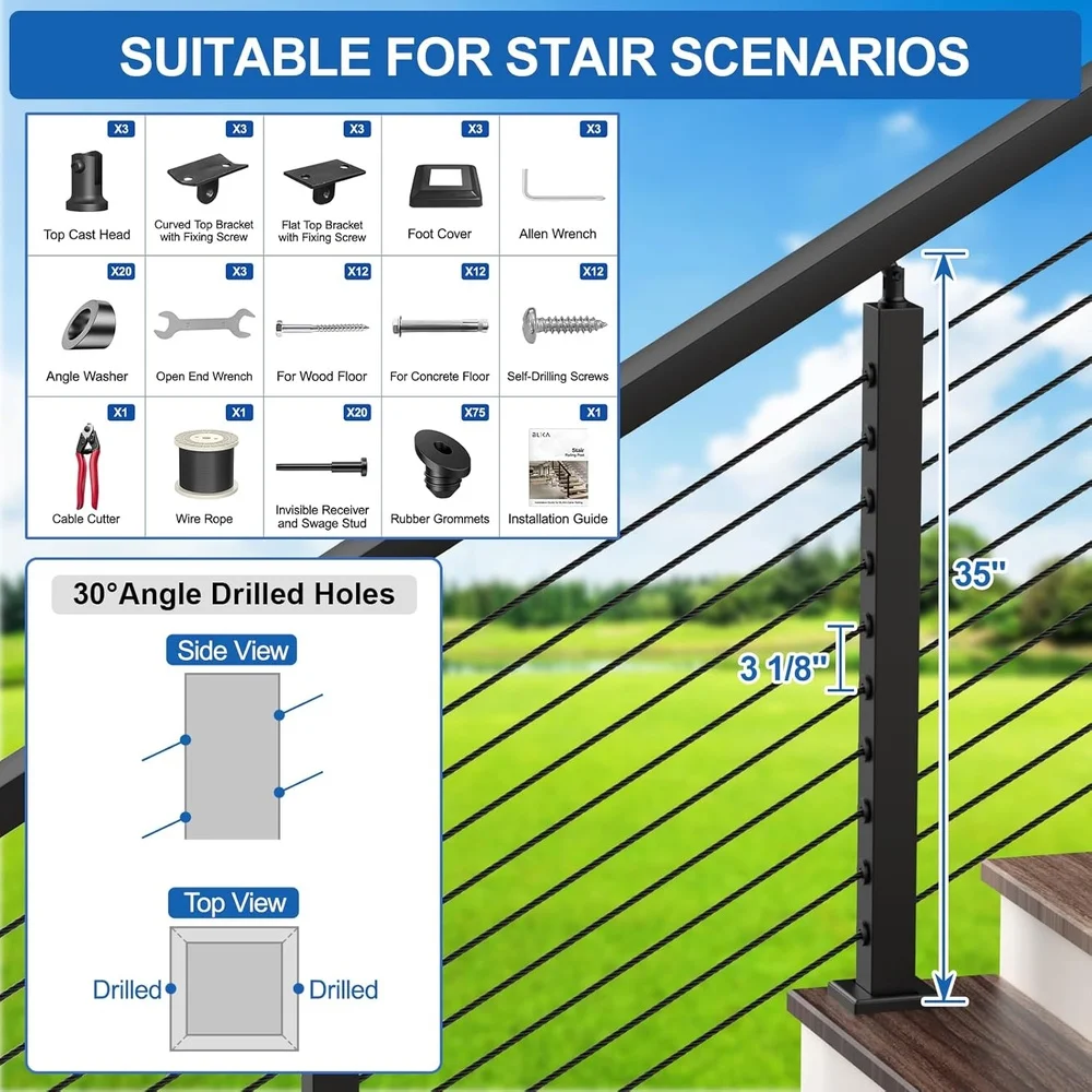Stainless Steel Adjustable Stair Cable Railing Post Kit 35 Inch Durable DIY Cable Railing System 3 Pack with Fittings