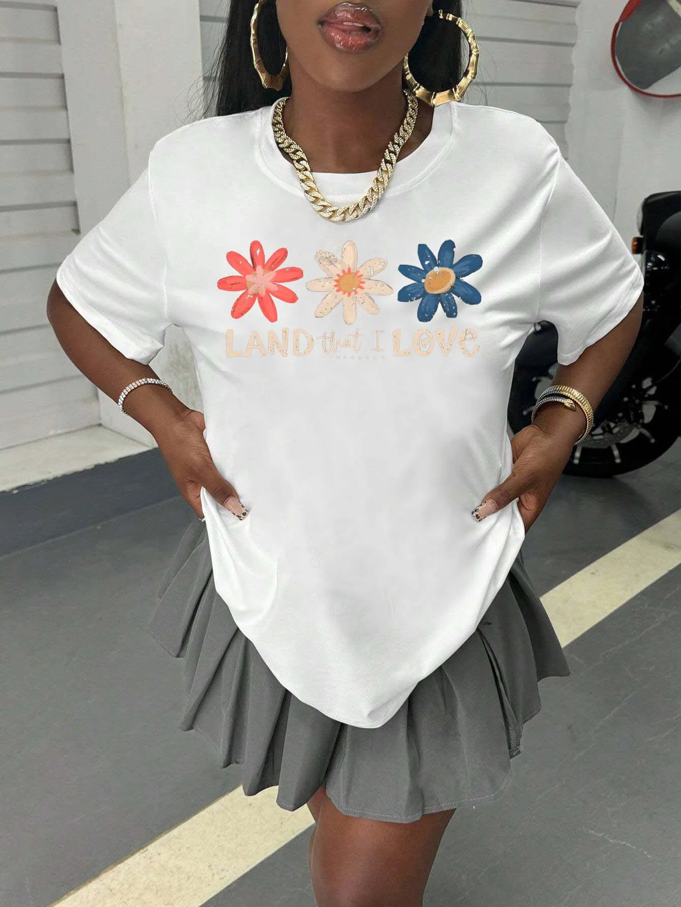 

Модная повседневная футболка больших размеров с цветочным принтом LAND THAT I LOVE для женщин