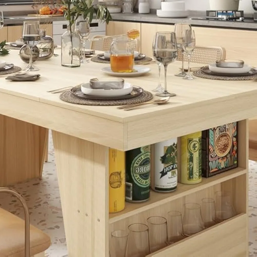 طاولة طعام 78.7 بوصة مع 4 أرفف تخزين تتسع لـ 8-10 أشخاص، طاولة عشاء خشبية حديثة لمطبخ غرفة الطعام، بلوط